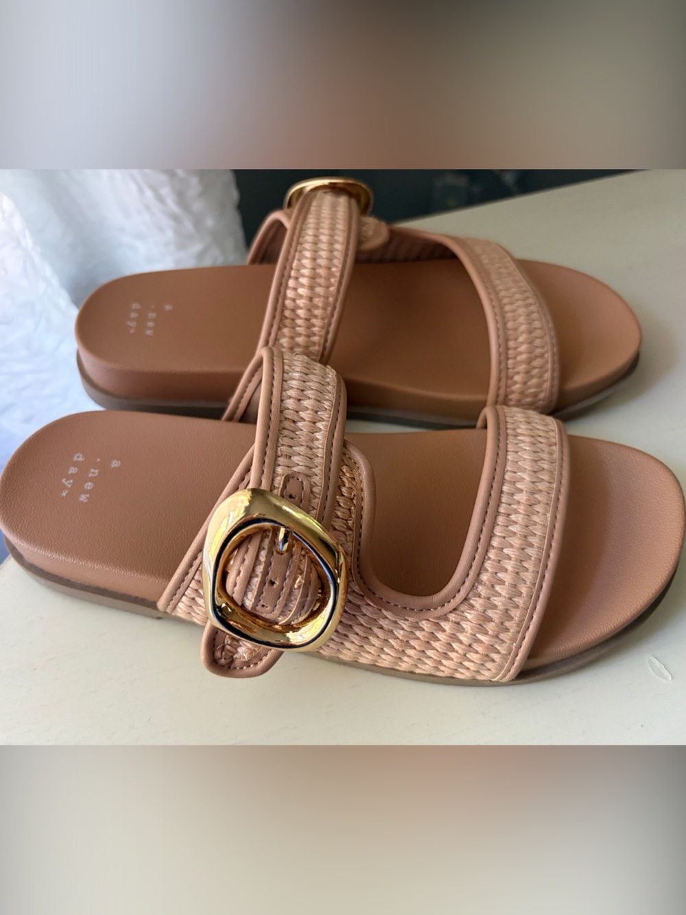 A new day Women's Tan Woven Strap Slide Sandals with Gold Buckle